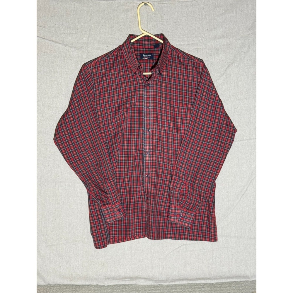 Vintage Arrow Sportswear Plaid Button Down Shirt Mens Large Red Blue Tartan